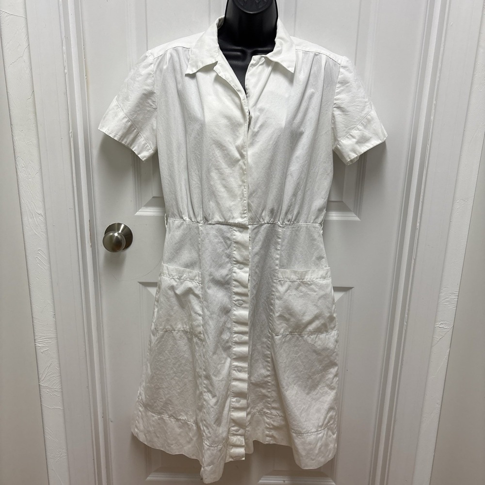Vintage Karoll's Inc Chicago White Cotton Shirt Dress Short Sleeve Midi Pockets